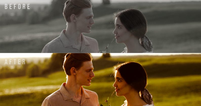May include: A split-screen comparison showing a black and white photograph labelled BEFORE and a warm-toned, golden-hour colour photograph labelled AFTER, both featuring two individuals facing each other in a grassy field setting.