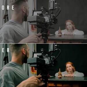 May include: A split-screen comparison labeled BEFORE and AFTER showing a professional video camera on a tripod pointed at a person sitting at a table. The top image is desaturated, while the bottom image displays vibrant, warm color grading.