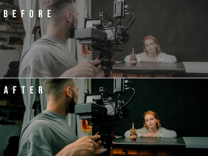 May include: A split-screen comparison labeled BEFORE and AFTER showing a professional video camera on a tripod pointed at a person sitting at a table. The top image is desaturated, while the bottom image displays vibrant, warm color grading.