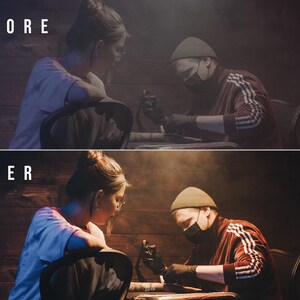 May include: A split-screen comparison labeled BEFORE and AFTER showing a tattoo artist in a maroon jacket and beanie using a tattoo machine on a client. The top image is dimly lit, while the bottom image features warm and cool lighting effects.