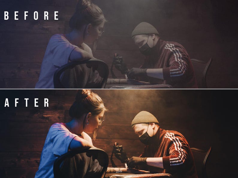 May include: A split-screen comparison labeled BEFORE and AFTER showing a tattoo artist in a maroon jacket and beanie using a tattoo machine on a client. The top image is dimly lit, while the bottom image features warm and cool lighting effects.