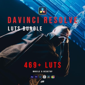 May include: A digital product advertisement for a DaVinci Resolve LUTs bundle featuring 469+ LUTs for mobile and desktop. The graphic displays the text DAVINCI RESOLVE LUTS BUNDLE and 469+ LUTS with icons for various video editing software applications.
