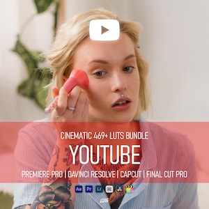 May include: A digital graphic overlay featuring the text CINEMATIC 469+ LUTS BUNDLE YOUTUBE PREMIERE PRO | DAVINCI RESOLVE | CAPCUT | FINAL CUT PRO with software icons for Adobe After Effects, Premiere, Lightroom, CapCut, DaVinci Resolve, and Final Cut.