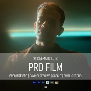 May include: A digital product advertisement featuring the text 21 CINEMATIC LUTS PRO FILM, listing software compatibility including PREMIERE PRO, DAVINCI RESOLVE, CAPCUT, and FINAL CUT PRO, with small icons for Adobe After Effects, Premiere, Lightroom, CapCut, DaVinci Resolve, and Final Cut Pro.