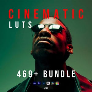 May include: A man wearing sunglasses is featured in a promotional image. The words "CINEMATIC LUTS" are in red and white text above the man's head. Below, the text "469+ BUNDLE" is displayed in white. Software icons are at the bottom.