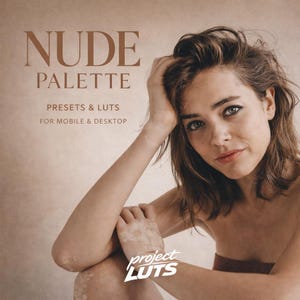 May include: Image featuring a woman with brown hair and fair skin, with the text "NUDE PALETTE" and "PRESETS & LUTS FOR MOBILE & DESKTOP." The "project LUTS" logo is visible at the bottom. The overall aesthetic is soft and natural.