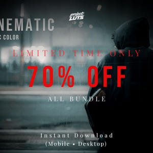 Puede incluir: Un gr&aacute;fico digital con el texto CINEMATIC ARCTIC COLOR, LIMITED TIME ONLY, 70% OFF, ALL BUNDLE e Instant Download (Mobile &bull; Desktop). El fondo muestra una figura oscura con capucha vista desde atr&aacute;s en un entorno urbano melanc&oacute;lico.