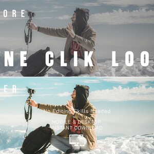 May include: A split-screen comparison showing a before and after photo editing effect. The top panel is labeled BEFORE ONE CLIK LOOK and the bottom panel is labeled AFTER with text reading No Editing Skills Needed MOBILE & DESKTOP INSTANT DOWNLOAD.