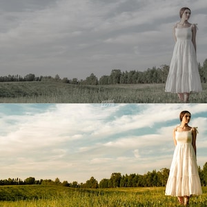 May include: A white midi dress with thin shoulder straps and a tiered skirt. The dress is shown in a split-screen comparison image, with the top half in a desaturated, muted tone and the bottom half in a vibrant, warm-toned outdoor setting.