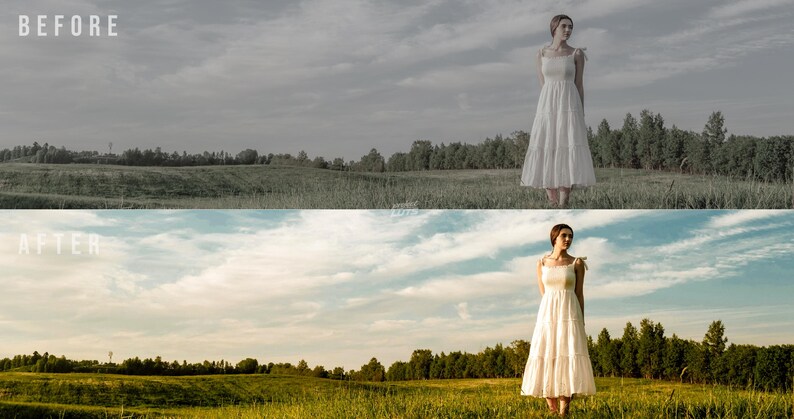 May include: A white midi dress with thin shoulder straps and a tiered skirt. The dress is shown in a split-screen comparison image, with the top half in a desaturated, muted tone and the bottom half in a vibrant, warm-toned outdoor setting.