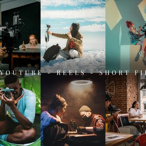 May include: A collage of six scenes showing video production equipment including professional cameras, lighting setups, and microphones. The text YOUTUBE - REELS - SHORT FILMS is centered across the middle of the image, indicating content creation.
