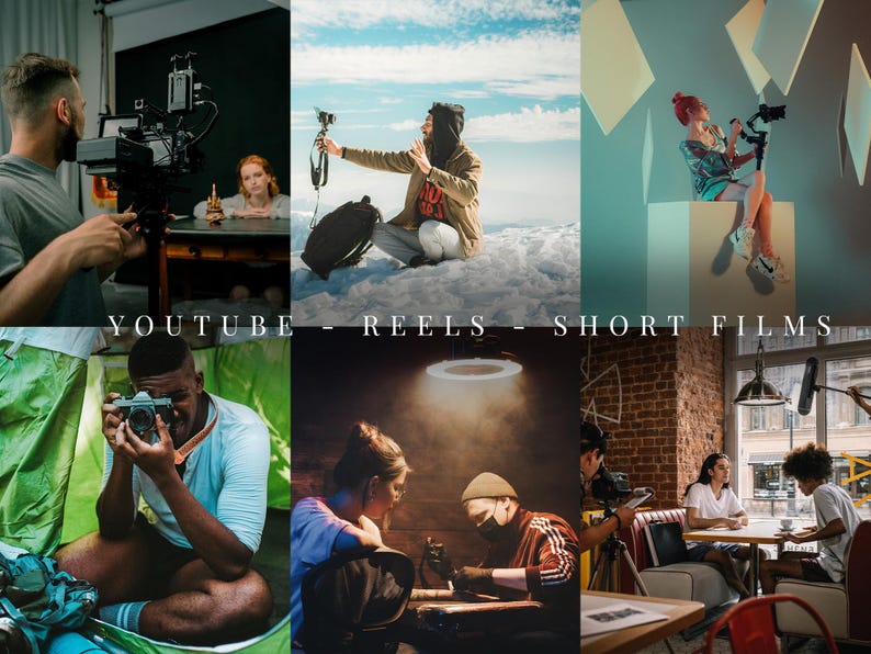May include: A collage of six scenes showing video production equipment including professional cameras, lighting setups, and microphones. The text YOUTUBE - REELS - SHORT FILMS is centered across the middle of the image, indicating content creation.