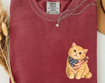Comfort Colors Patriotic Cat T-Shirt: Orange Tabby Kitten, 4th of July Graphic Tee
