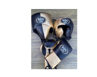 Zestaw treningowy No Boxing No Life Black Gold Leather: rękawice, ochraniacz głowy, ochraniacz krocza
