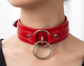 Gepersonaliseerde choker van imitatieleer met dubbele O-ring, op maat gegraveerde naamketting voor mensen, gothic punk rood-zwarte Sub ketting, cadeau voor haar