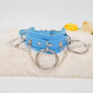 Spring Summer Blue O Ring Punk Choker with Tassel Chain, Red Studed Faux Leather Collar