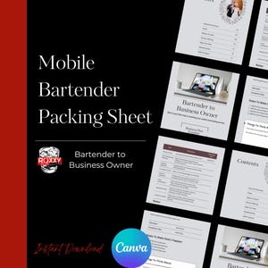Może przedstawiać: Czarno-biała grafika z tekstem "Mobile Bartender Packing Sheet" i "Bartender to Business Owner". Obraz zawiera logo i logo Canva. Widocznych jest kilka stron planu biznesowego.
