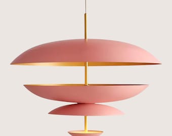 Blush roze koperen kroonluchter, 6-lichts sculpturale verzonken hanger, verlichting halverwege de eeuw