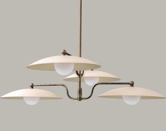 Lámpara de araña moderna de latón de 4 luces, colgante con pantalla de cúpula de mediados de siglo, luminaria de techo minimalista