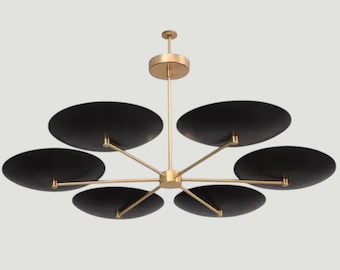 Moderne messing zwarte schijfkroonluchter, plafondlamp uit het midden van de eeuw, verlichting in Spoetnik-stijl, hedendaagse eetkamerarmatuur