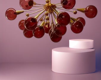 Modern Sputnik Ceiling Light Red Glass Globe Chandelier Brass Starburst Fixture for Dining Room Living Room Decor