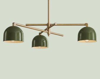 Olive Green Dome Chandelier 3 Light Brass Pendant, Mid Century Modern Ceiling Light