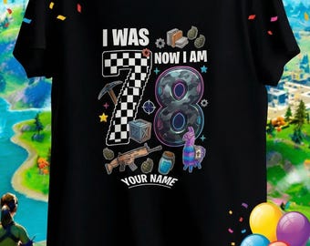 Personalized 7th 8th Birthday Shirt with Name Kids Gaming Battle Style T-Shirt,  "I Was 7 Now I'm 8" , Birthday Gift for Boys