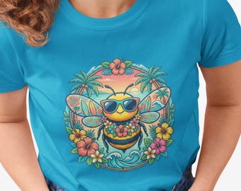 Tropisches Biene mit Sonnenbrille T-Shirt | Hawaiianische Blumenmuster
