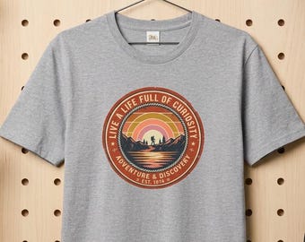 Life Full of Curiosity Sunset Badge T-Shirt | Adventure & Discovery Design