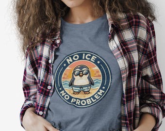 Kein Eis Kein Problem Pinguin T-Shirt | Retro Sonnenuntergangs-Abzeichen-Grafik