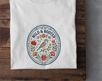 Wild & verwurzeltes Blumenvogel-T-Shirt | T-Shirt, Vintage Botanische Grafik