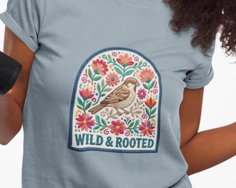 T-Shirt mit Wild & Rooted Vogel Motiv | Natur botanische Grafik