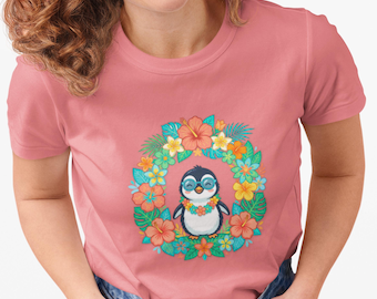 Tropisches Pinguin-Kranz-T-Shirt | Blumen Pinguin Lei Graphic Tee