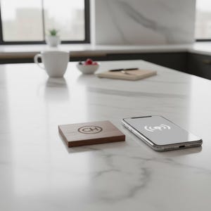 Könnte beinhalten: Ein quadratischer Holzuntersetzer mit den eingravierten Initialen "CH" neben einem silbernen Smartphone, das ein kabelloses Ladesymbol anzeigt. Die Artikel befinden sich auf einer weißen Marmorarbeitsplatte.