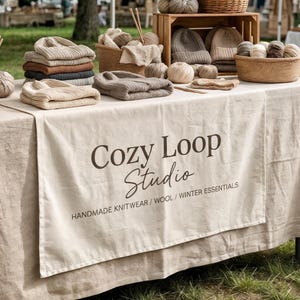 Custom Table Banner with Logo, Cotton-Linen Runner for Vendor Booths and Craft Markets