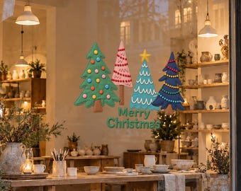 Christmas Window Stickers, Colorful Christmas Tree Vinyl Decals, Holiday Shop Window Decor