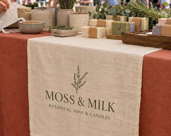 Candle Vendor Table Runner, Custom Logo Cotton Linen Banner for Soap Makers and Craft Fairs