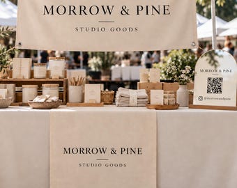 Custom Vendor Booth Display: Logo Table Runner, Hanging Banner, QR Vinyl & Fabric Backdrop