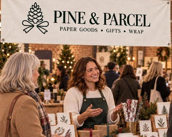 Custom Hanging Market Booth Sign with Logo, Cotton Linen Vendor Banner for Craft Fairs