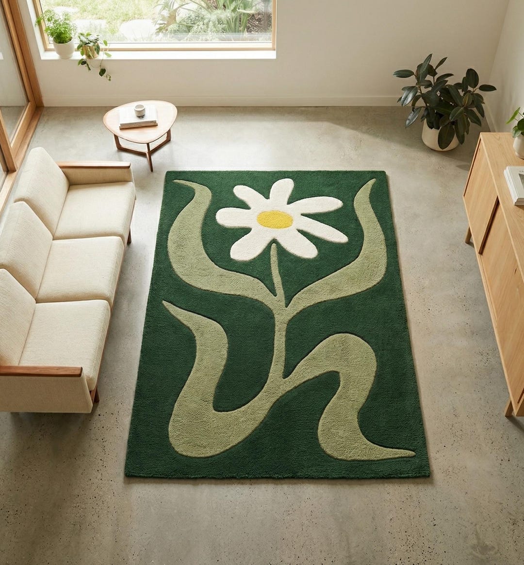 Hand Tufted Green Daisy Floral Rug, Scandinavian Botanical Area Carpet ...