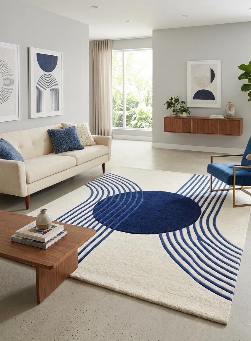 Modern Geometric Blue Circle Area Rug, Cream Abstract Line Carpet, - Etsy