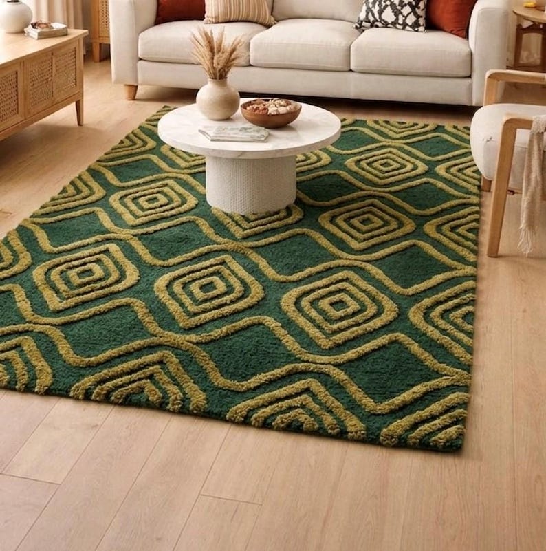 Modern Geometric Tufted Rug, Green Gold Area Rug, Abstract Pattern ...