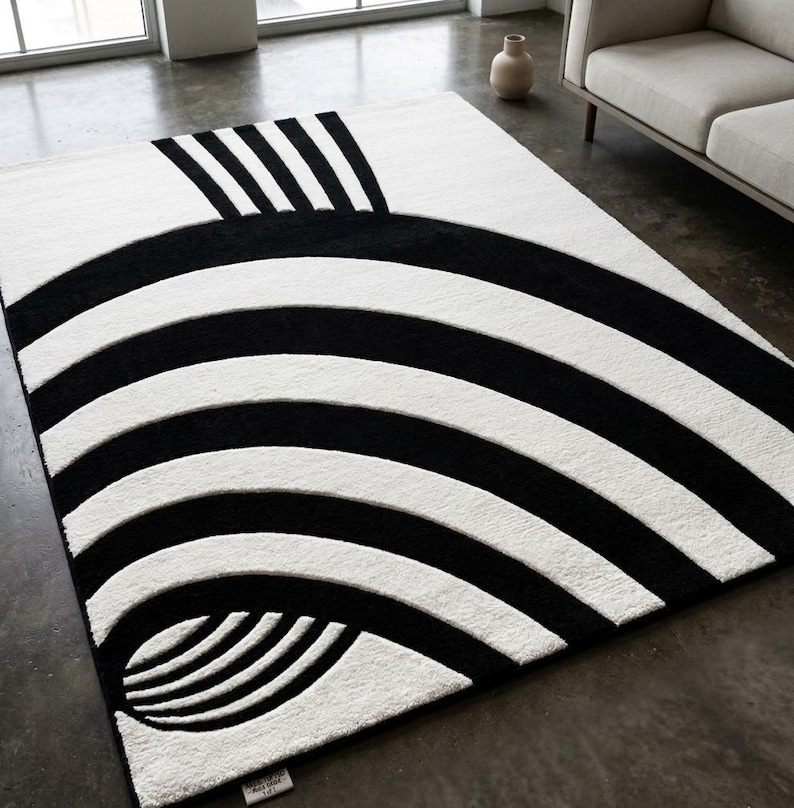 Black and White Abstract Area Rug, Modern Geometric Stripe Carpet, - Etsy