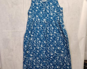 Vintage 90s Teal Blue Floral Flower Maxi Button Down Sleeveless Dress 1X