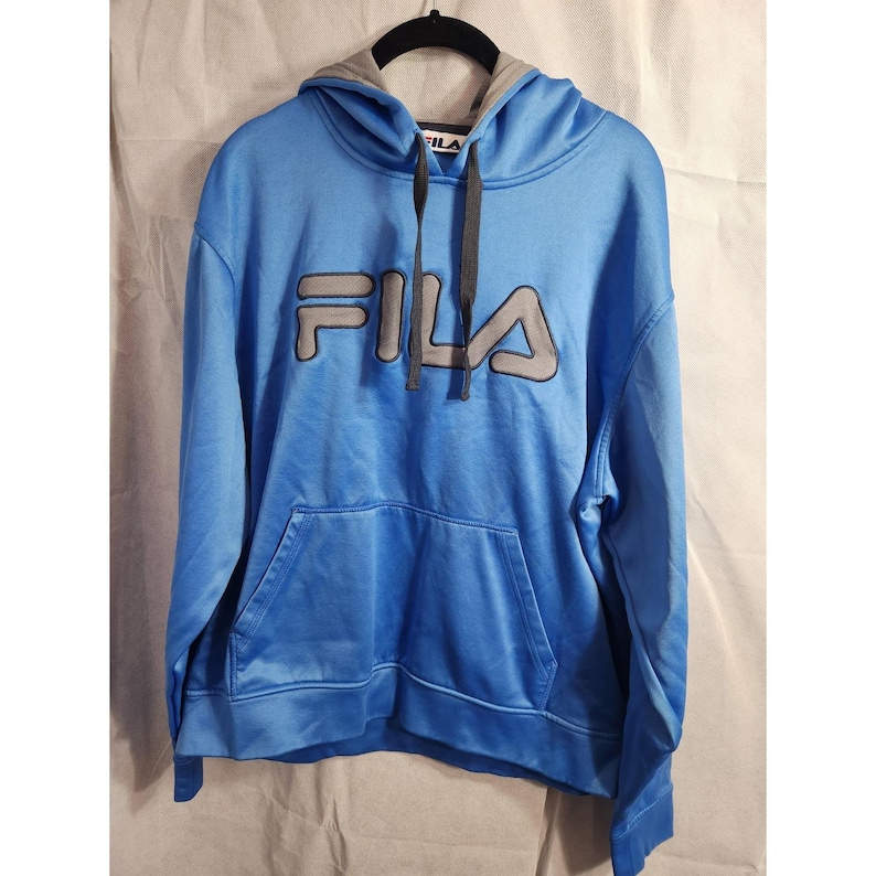 Vintage 1990's FILA Big Logo Hoodie Kangaroo Pocket Baby Blue And Gray Sz Large image 1
