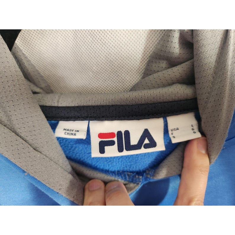 Vintage 1990's FILA Big Logo Hoodie Kangaroo Pocket Baby Blue And Gray Sz Large image 3