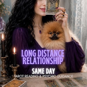 May include: A woman in a purple dress holds a tarot card and a fluffy brown dog. The image includes lit black candles in ornate holders and text that reads "LONG DISTANCE RELATIONSHIP SAME DAY TAROT READING & PSYCHIC GUIDANCE."