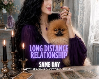 Puede incluir: Una mujer con un vestido morado sostiene una carta del tarot y un perro marrón esponjoso. La imagen incluye velas negras encendidas en soportes ornamentados y el texto "LONG DISTANCE RELATIONSHIP SAME DAY TAROT READING & PSYCHIC GUIDANCE."
