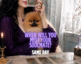 Puede incluir: Una mujer con un vestido morado sostiene una carta del tarot y un perro pequeño, esponjoso y marrón. La imagen incluye el texto: "¿CUÁNDO CONOCERÁS A TU ALMA GEMELA? EL MISMO DÍA. LECTURA DE TAROT Y GUÍA PSÍQUICA."