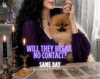 May include: A woman in a purple dress holds a Pomeranian dog and a tarot card. The image includes lit candles, a deck of cards, and text that reads "WILL THEY BREAK NO CONTACT? SAME DAY TAROT READING & PSYCHIC GUIDANCE."